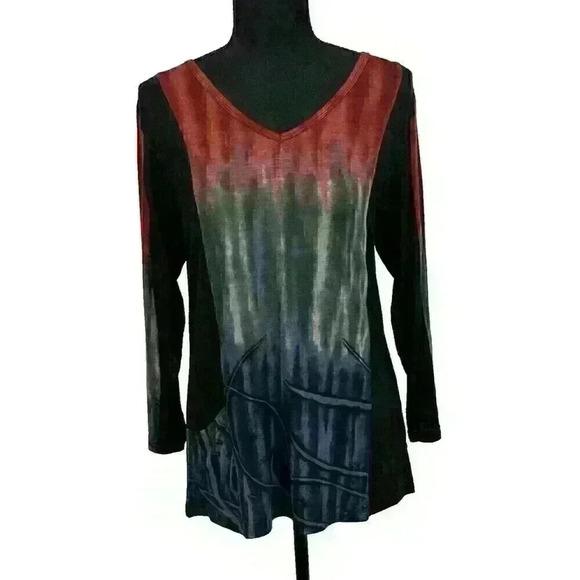 Parsley & Sage Womens SM Rayon Multicolor Abstract Tunic 3/4 Sleeve Pocket VNeck - Picture 2 of 12